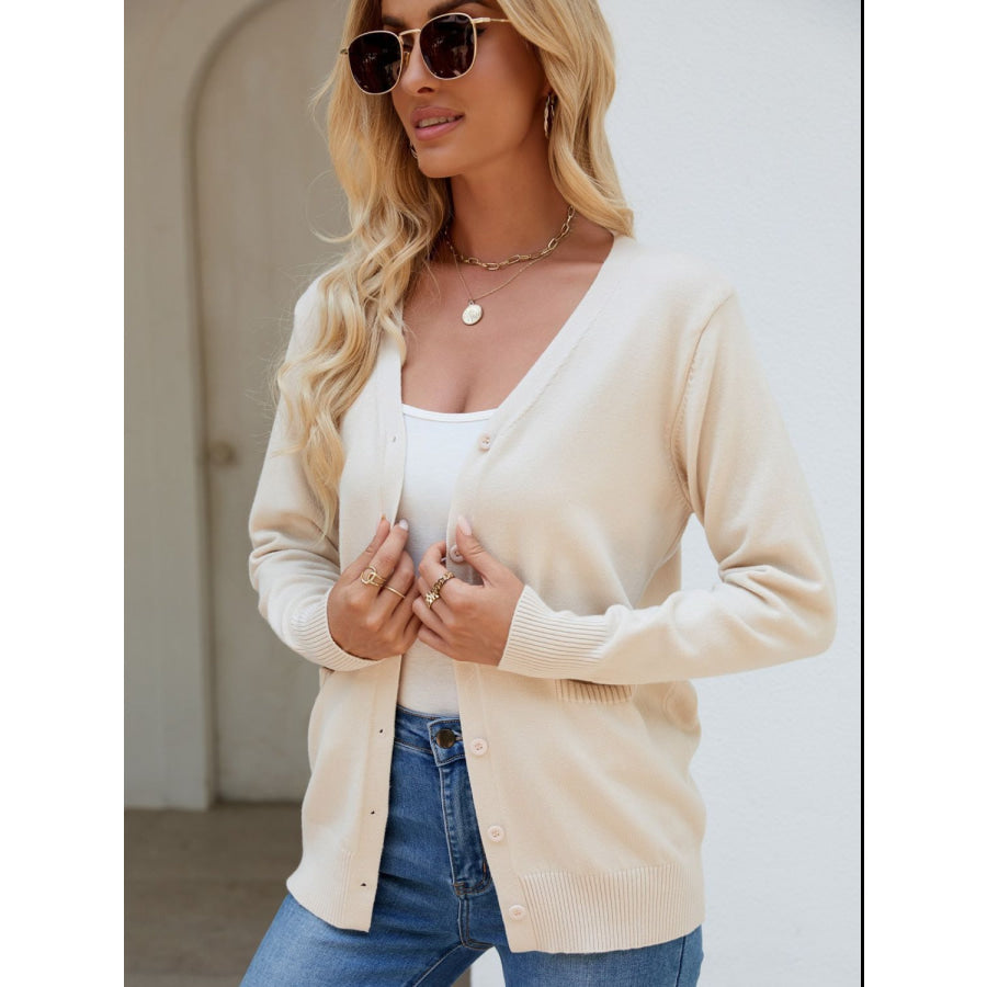 Pocketed V-Neck Button Up Long Sleeve Cardigan Apparel and Accessories