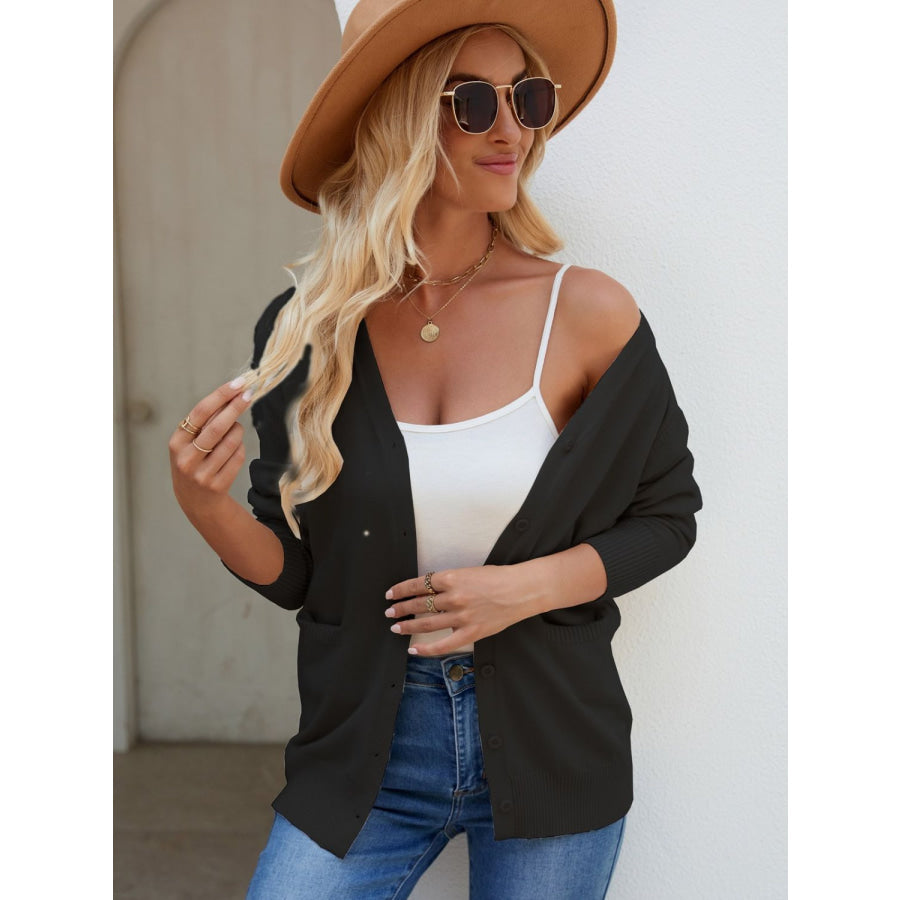 Pocketed V-Neck Button Up Long Sleeve Cardigan Apparel and Accessories