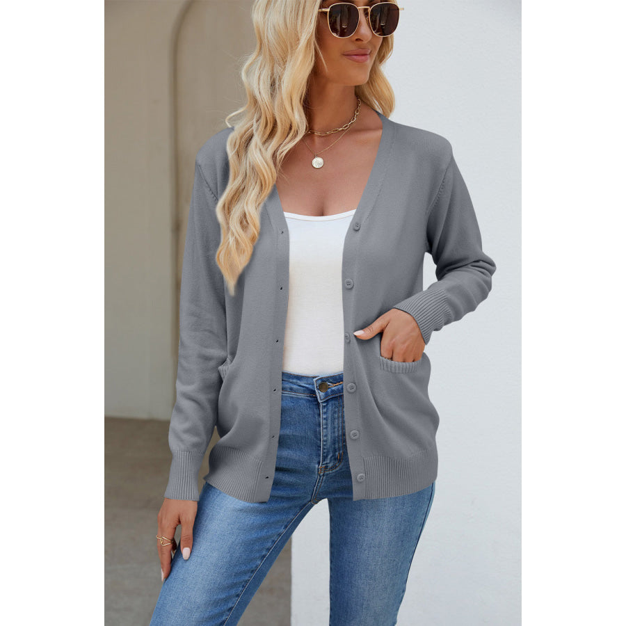 Pocketed V-Neck Button Up Long Sleeve Cardigan Apparel and Accessories