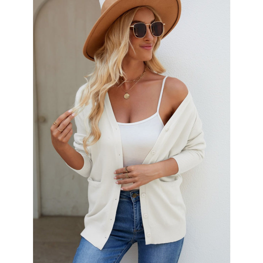 Pocketed V-Neck Button Up Long Sleeve Cardigan Apparel and Accessories