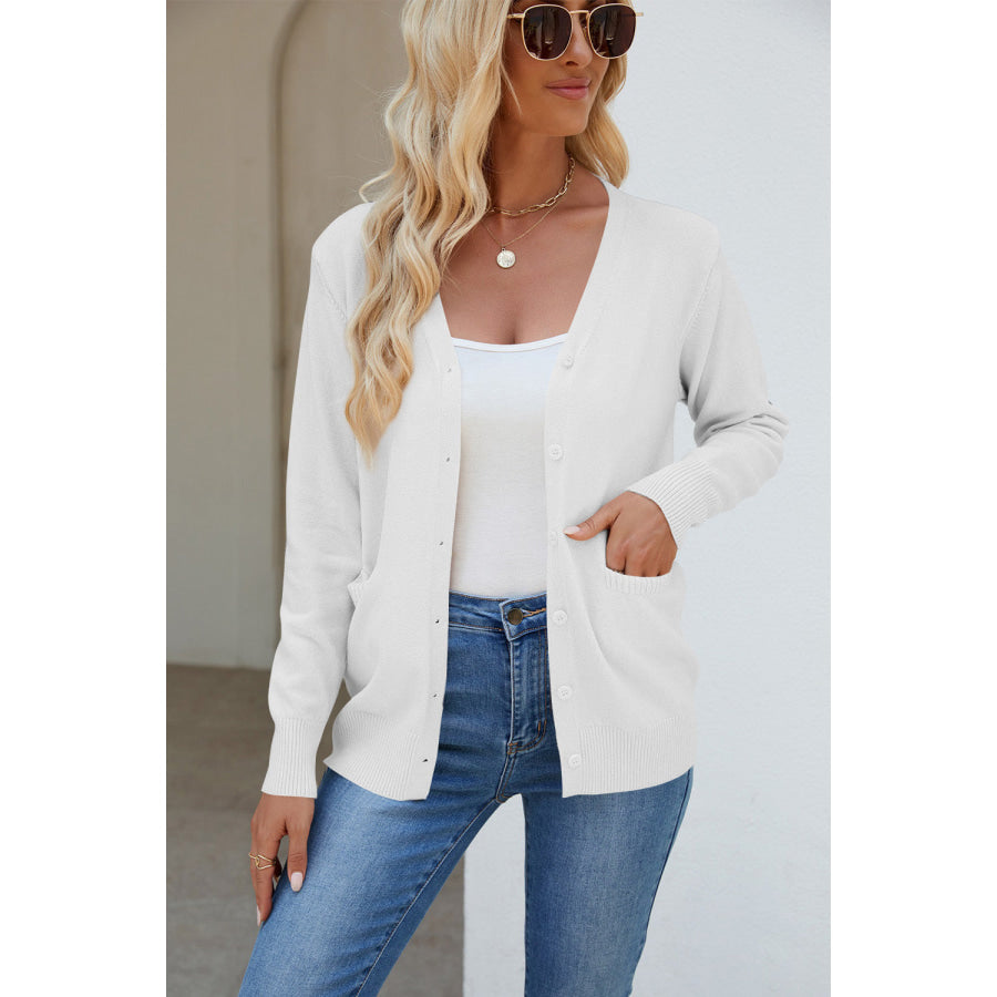 Pocketed V-Neck Button Up Long Sleeve Cardigan Apparel and Accessories