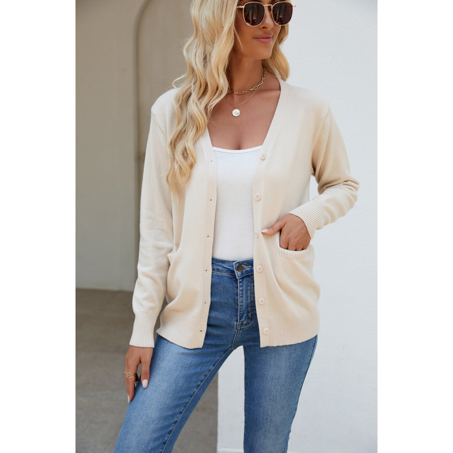 Pocketed V-Neck Button Up Long Sleeve Cardigan Apparel and Accessories