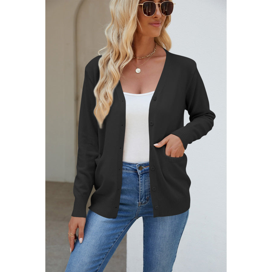 Pocketed V-Neck Button Up Long Sleeve Cardigan Apparel and Accessories