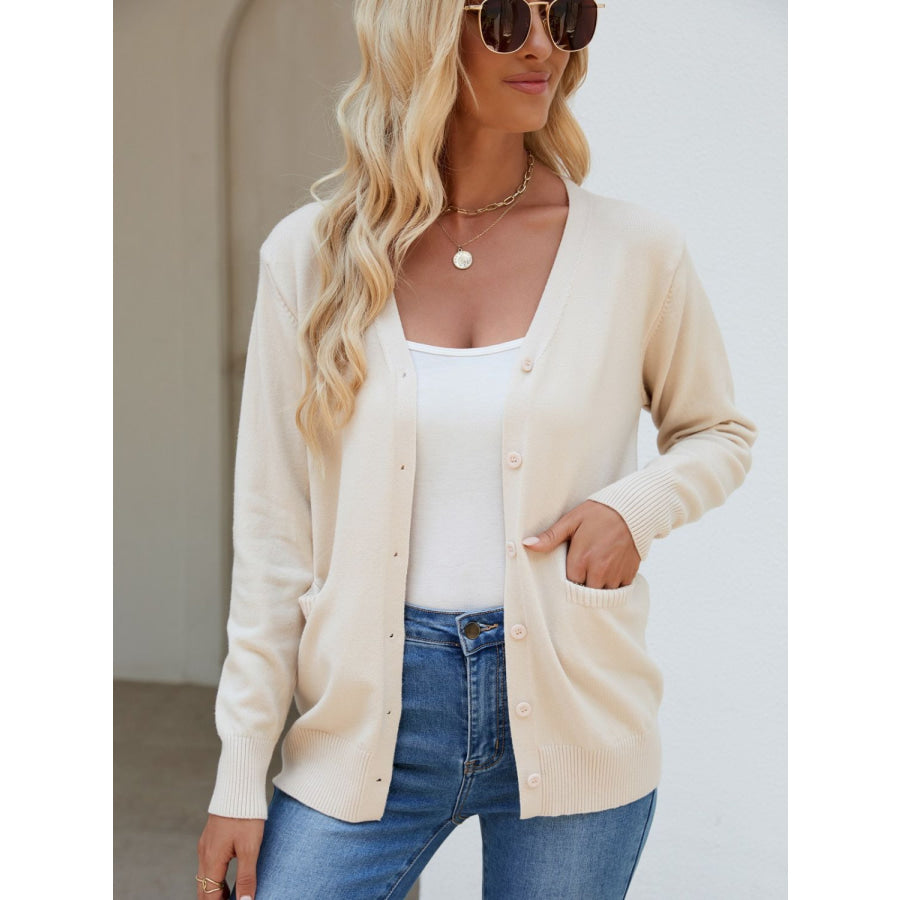 Pocketed V-Neck Button Up Long Sleeve Cardigan Apparel and Accessories