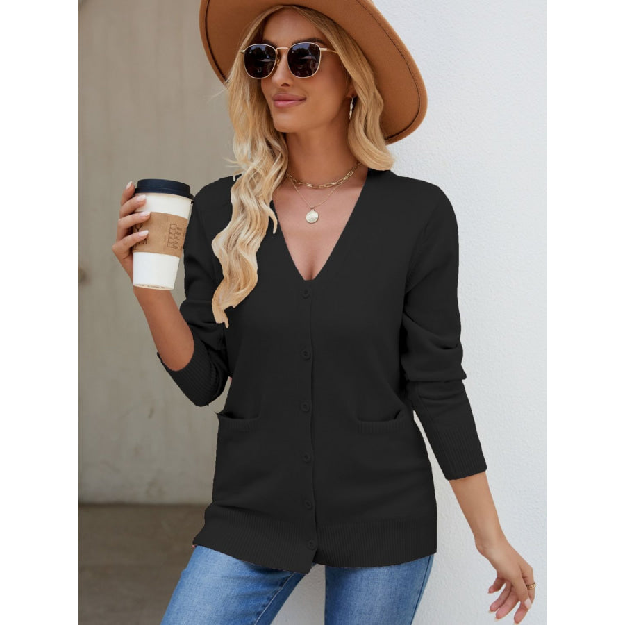 Pocketed V-Neck Button Up Long Sleeve Cardigan Black / One Size Apparel and Accessories