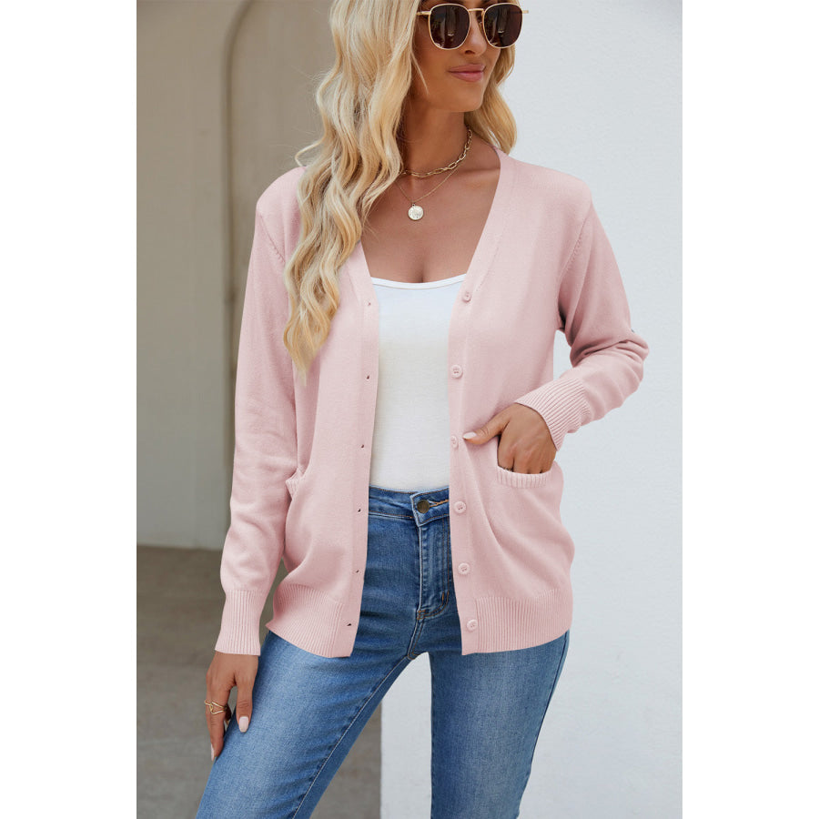 Pocketed V-Neck Button Up Long Sleeve Cardigan Blush Pink / One Size Apparel and Accessories