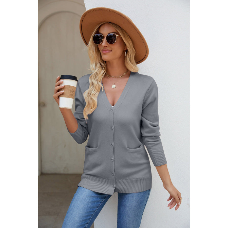 Pocketed V-Neck Button Up Long Sleeve Cardigan Dark Gray / One Size Apparel and Accessories