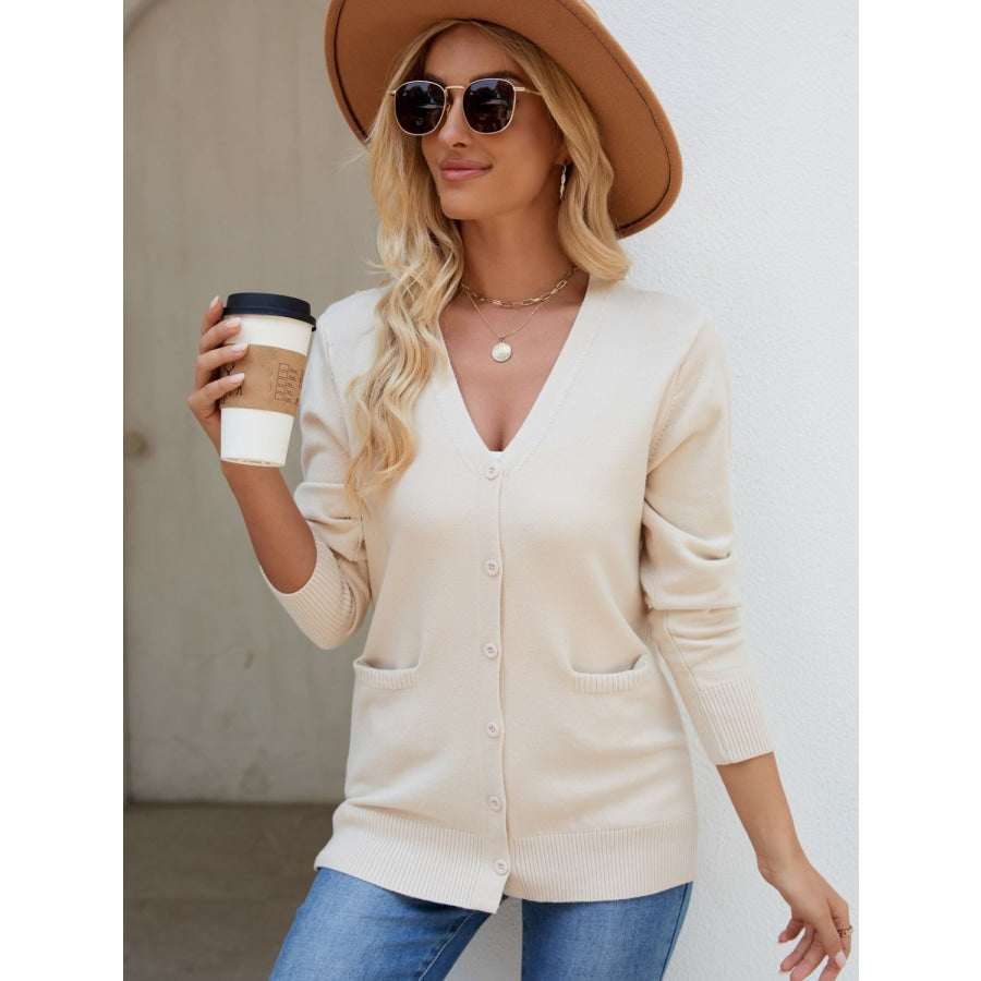 Pocketed V-Neck Button Up Long Sleeve Cardigan Tan / One Size Apparel and Accessories