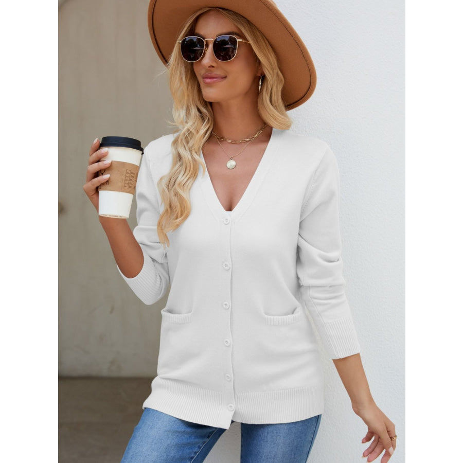 Pocketed V-Neck Button Up Long Sleeve Cardigan White / One Size Apparel and Accessories