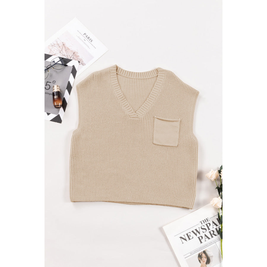 Pocketed V-Neck Cap Sleeve Sweater Apparel and Accessories