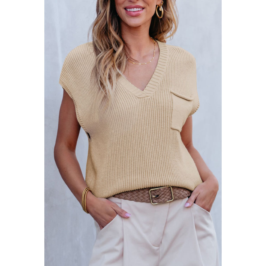 Pocketed V-Neck Cap Sleeve Sweater Beige / S Apparel and Accessories
