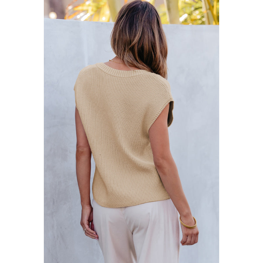 Pocketed V-Neck Cap Sleeve Sweater Apparel and Accessories