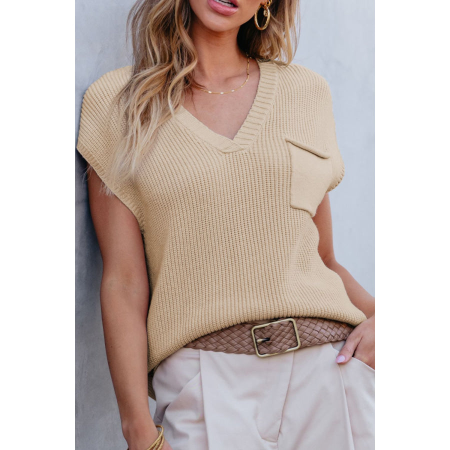 Pocketed V-Neck Cap Sleeve Sweater Beige / S Apparel and Accessories