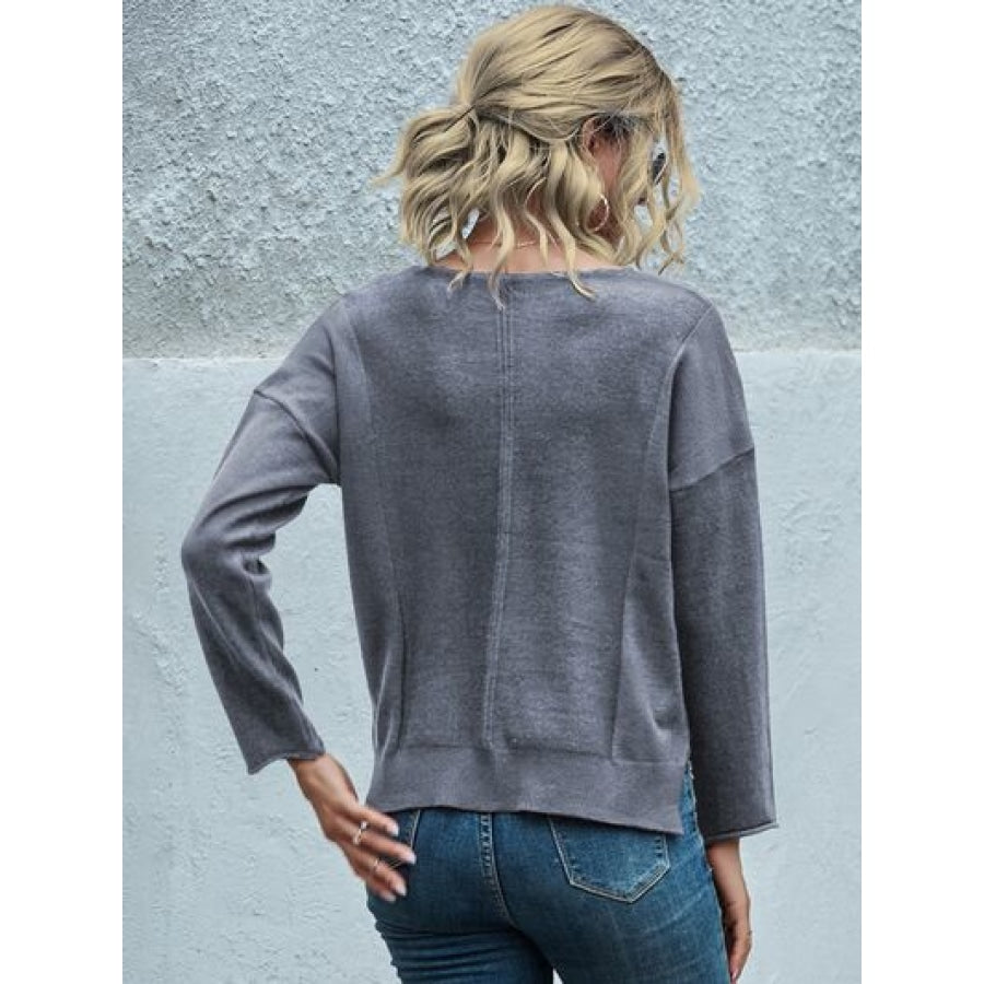 Pocketed V-Neck Dropped Shoulder Sweater Charcoal / S Apparel and Accessories