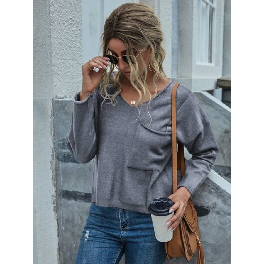 Pocketed V-Neck Dropped Shoulder Sweater Charcoal / S Apparel and Accessories