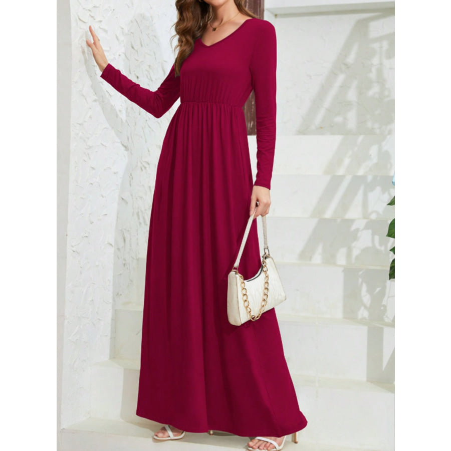 Pocketed V-Neck Long Sleeve Maxi Dress Apparel and Accessories