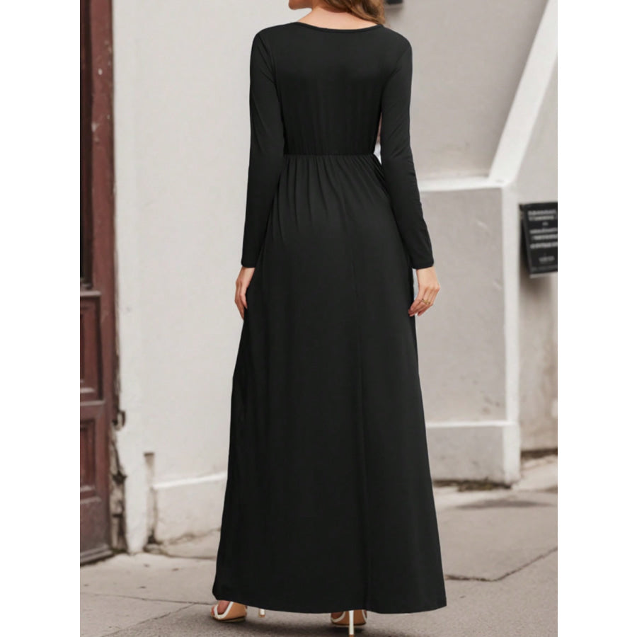 Pocketed V-Neck Long Sleeve Maxi Dress Apparel and Accessories