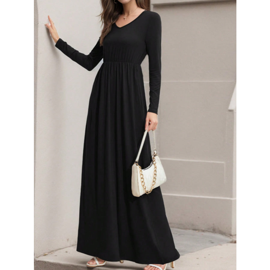 Pocketed V-Neck Long Sleeve Maxi Dress Apparel and Accessories