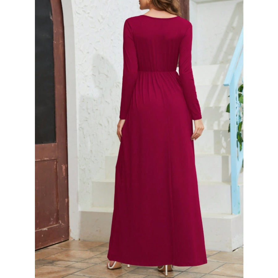 Pocketed V-Neck Long Sleeve Maxi Dress Apparel and Accessories