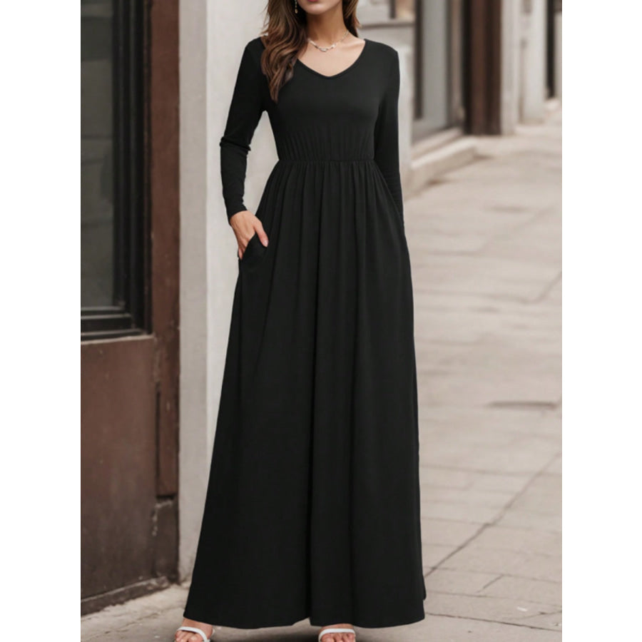 Pocketed V-Neck Long Sleeve Maxi Dress Black / S Apparel and Accessories