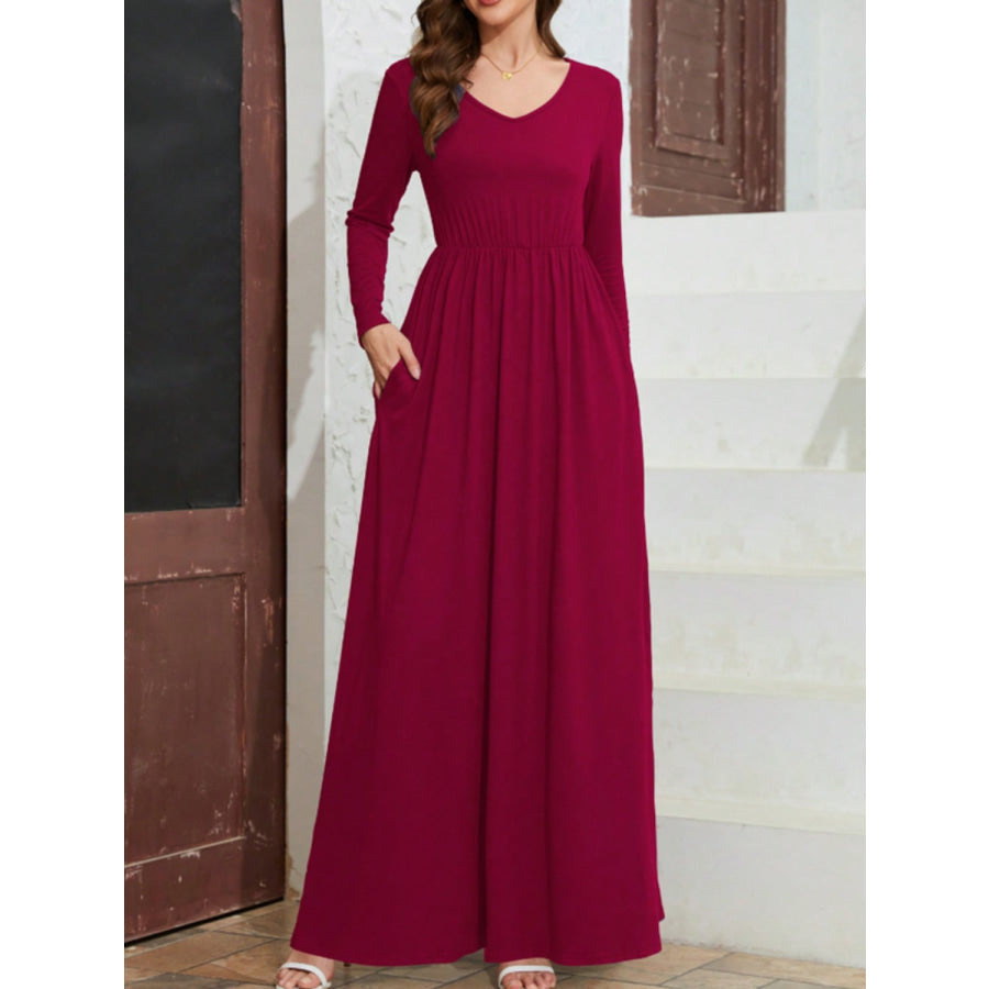 Pocketed V-Neck Long Sleeve Maxi Dress Burgundy / S Apparel and Accessories