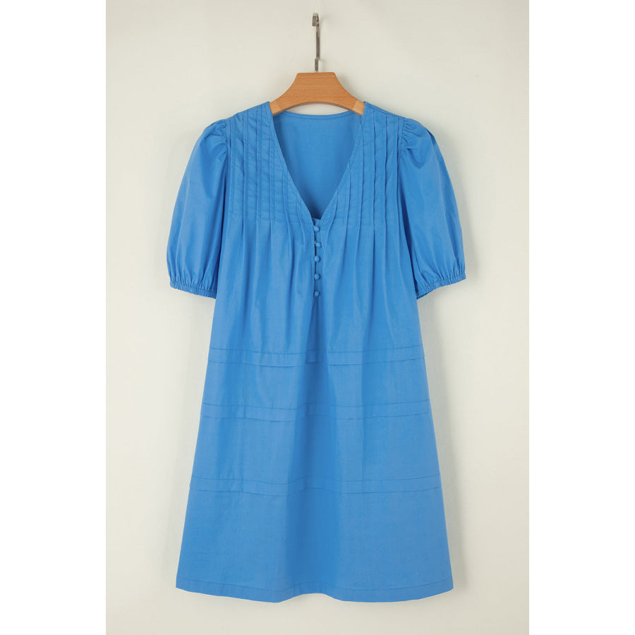 Pocketed V-Neck Short Sleeve Dress Cerulean / S Apparel and Accessories