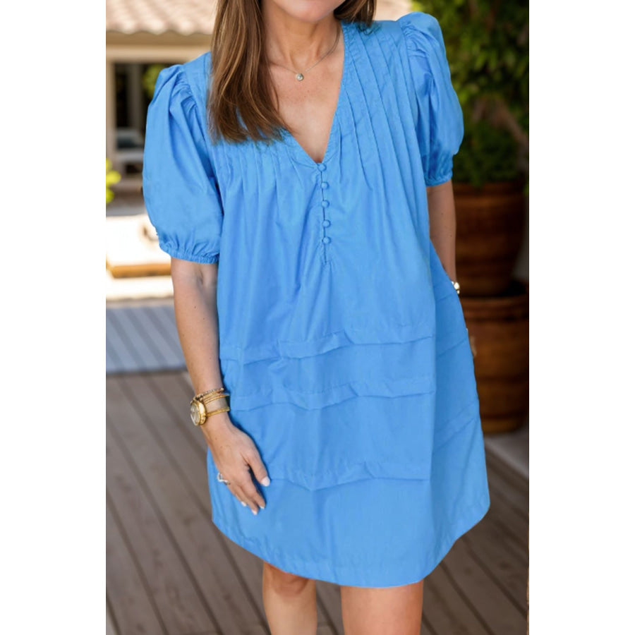 Pocketed V-Neck Short Sleeve Dress Cerulean / S Apparel and Accessories