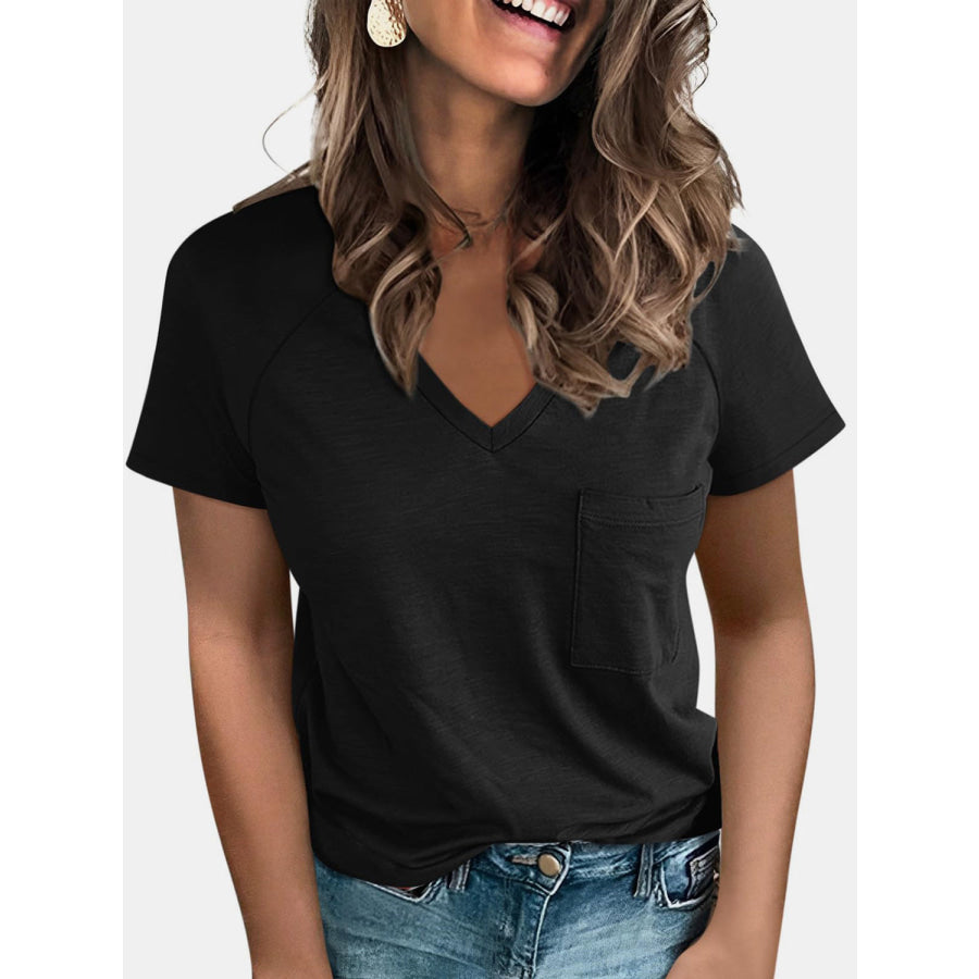 Pocketed V - Neck Short Sleeve T - Shirt Black / S Apparel and Accessories