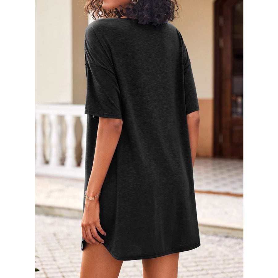 Pocketed V-Neck Short Sleeve Tee Dress Black / S Apparel and Accessories