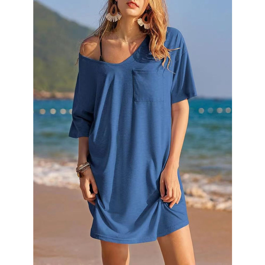 Pocketed V-Neck Short Sleeve Tee Dress Dusty Blue / S Apparel and Accessories