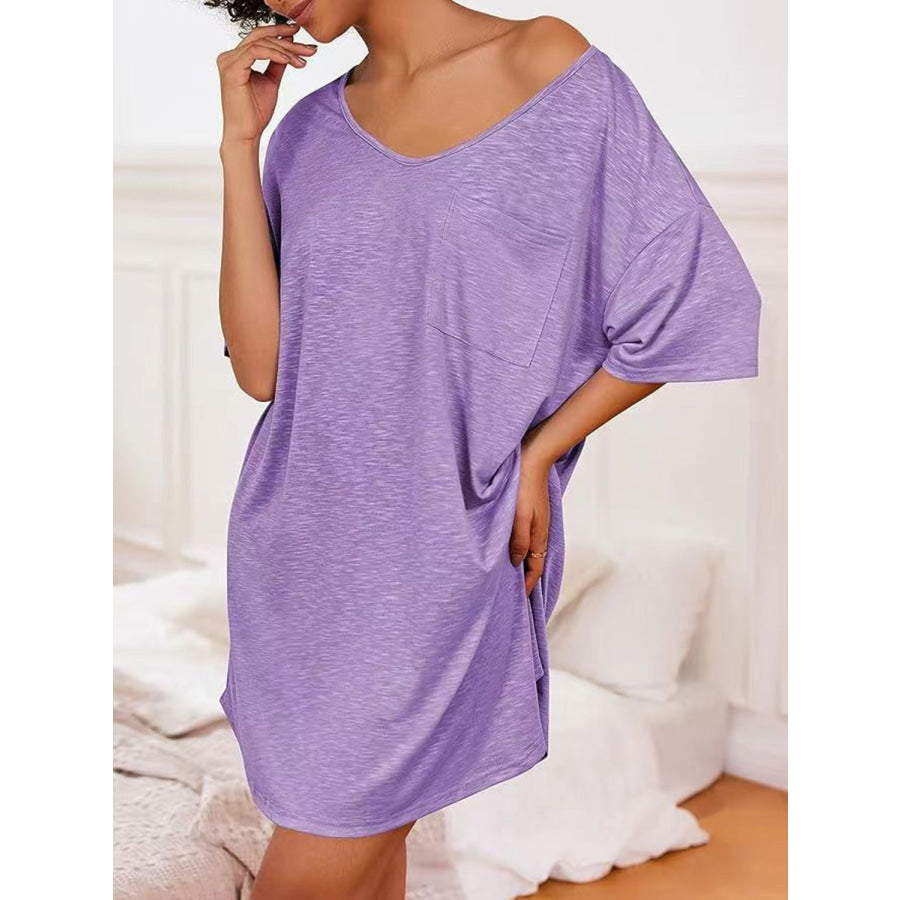 Pocketed V-Neck Short Sleeve Tee Dress Lavender / S Apparel and Accessories