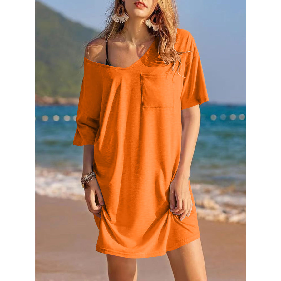 Pocketed V-Neck Short Sleeve Tee Dress Tangerine / S Apparel and Accessories