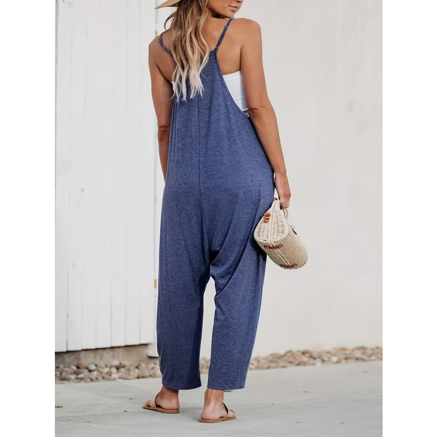 Pocketed V-Neck Spaghetti Strap Jumpsuit Dusty Blue / S Apparel and Accessories