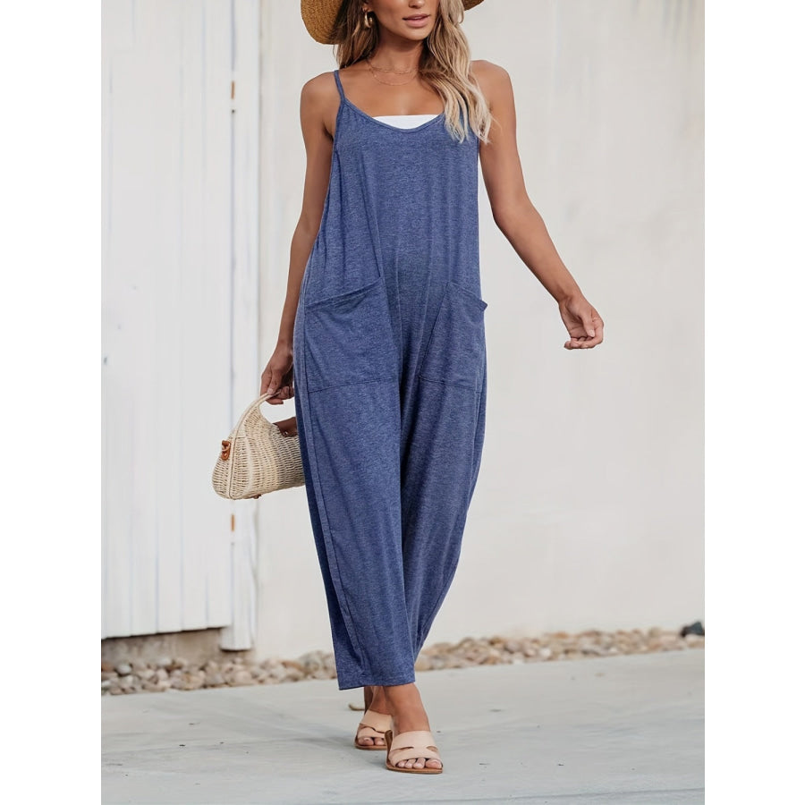 Pocketed V-Neck Spaghetti Strap Jumpsuit Dusty Blue / S Apparel and Accessories