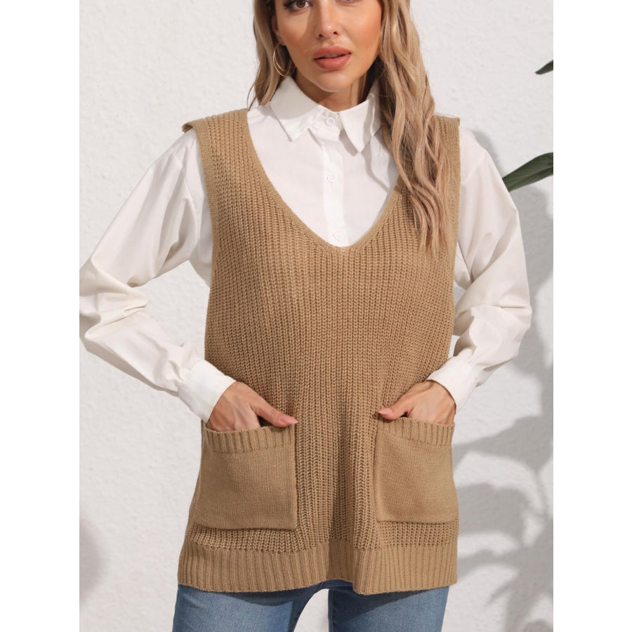 Pocketed V-Neck Sweater Vest Apparel and Accessories