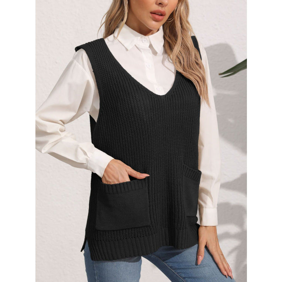 Pocketed V-Neck Sweater Vest Black / One Size Apparel and Accessories