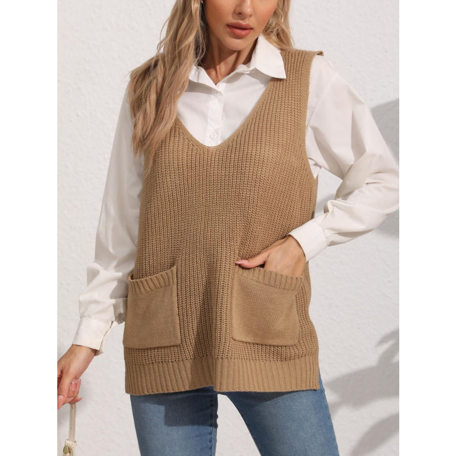 Pocketed V-Neck Sweater Vest Camel / One Size Apparel and Accessories