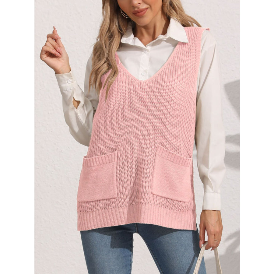 Pocketed V-Neck Sweater Vest Dusty Pink / One Size Apparel and Accessories