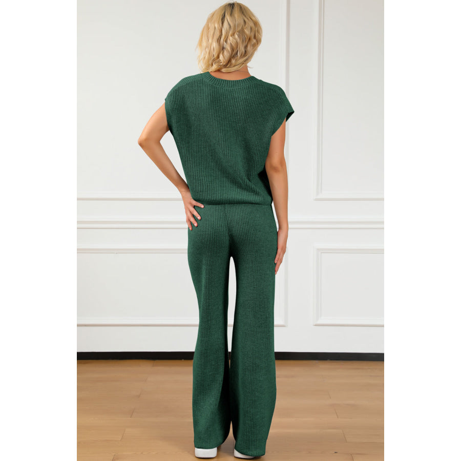 Pocketed V - Neck Top and Wide Leg Sweater Set Green / S Apparel and Accessories