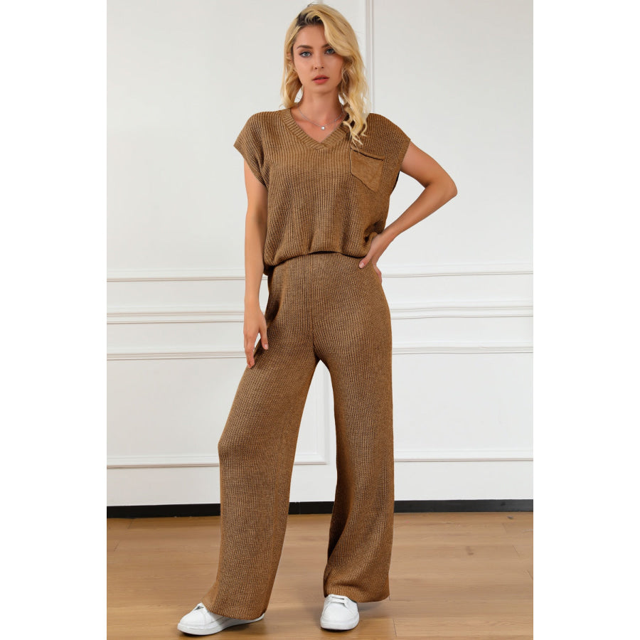 Pocketed V - Neck Top and Wide Leg Sweater Set Apparel and Accessories