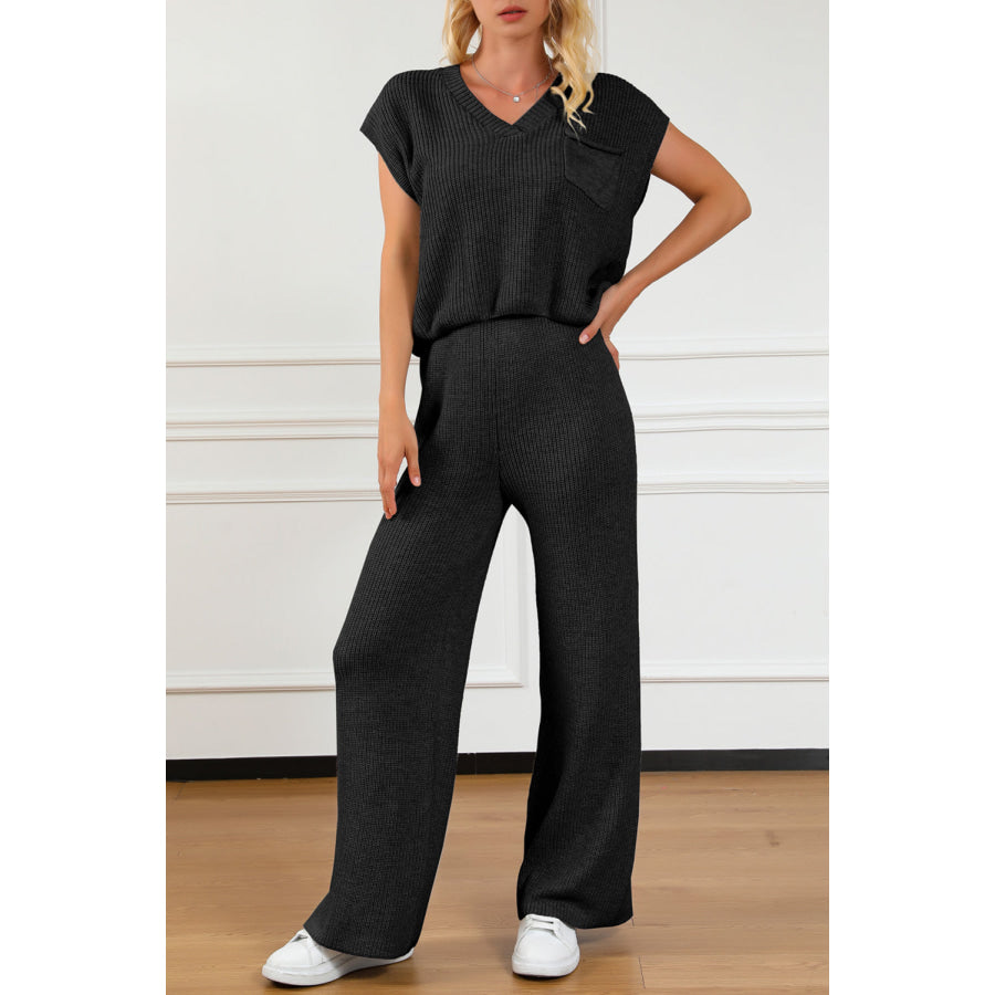 Pocketed V - Neck Top and Wide Leg Sweater Set Black / S Apparel and Accessories
