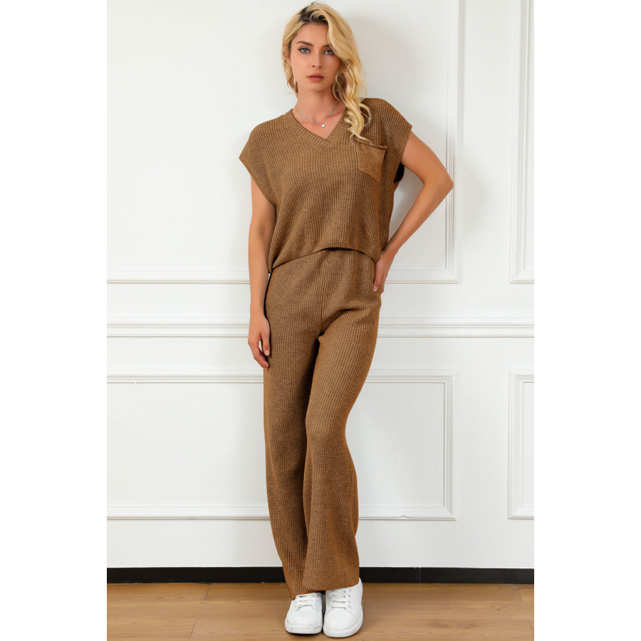Pocketed V - Neck Top and Wide Leg Sweater Set Caramel / S Apparel and Accessories