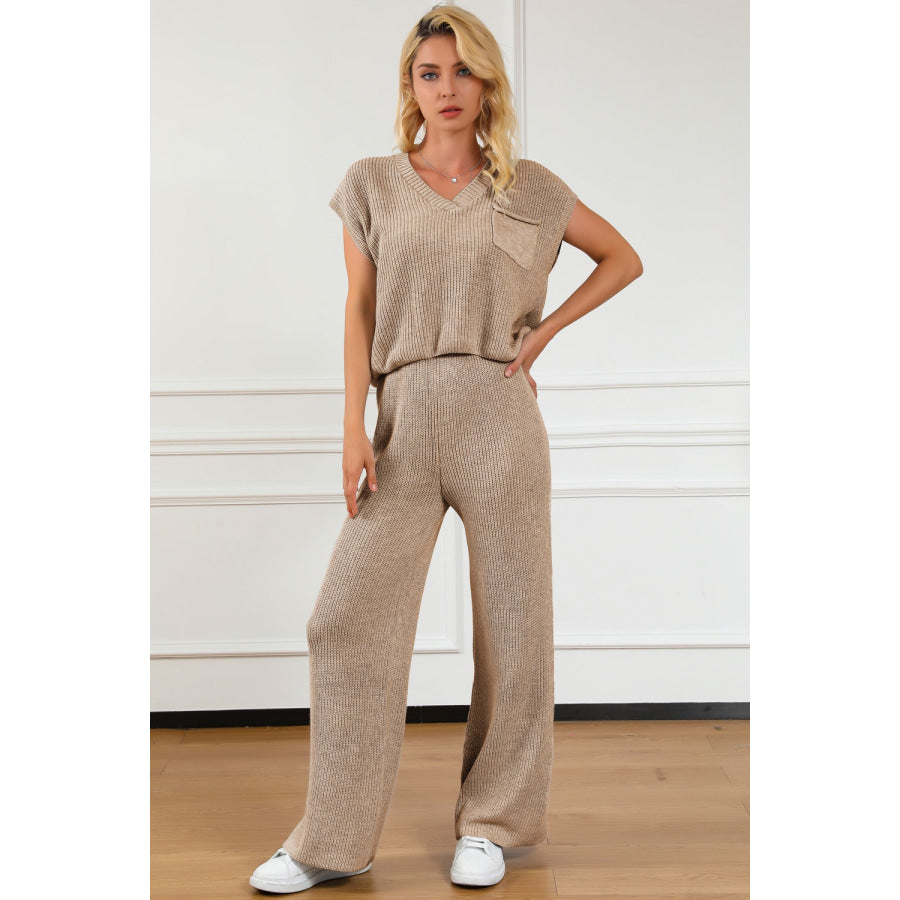 Pocketed V - Neck Top and Wide Leg Sweater Set Sand / S Apparel and Accessories