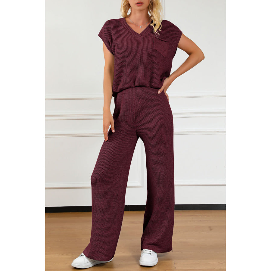 Pocketed V - Neck Top and Wide Leg Sweater Set Wine / S Apparel and Accessories