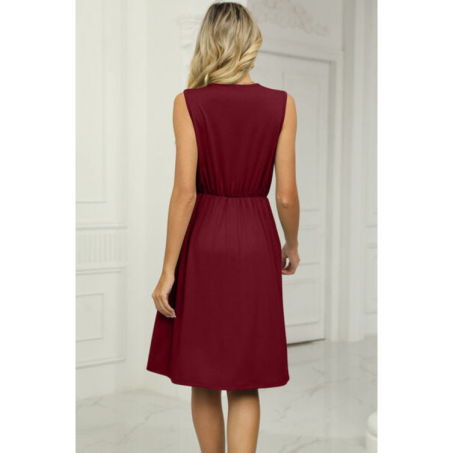 Pocketed V - Neck Wide Strap Dress Wine / S Apparel and Accessories