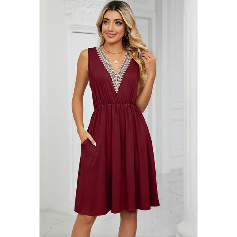 Pocketed V - Neck Wide Strap Dress Wine / S Apparel and Accessories