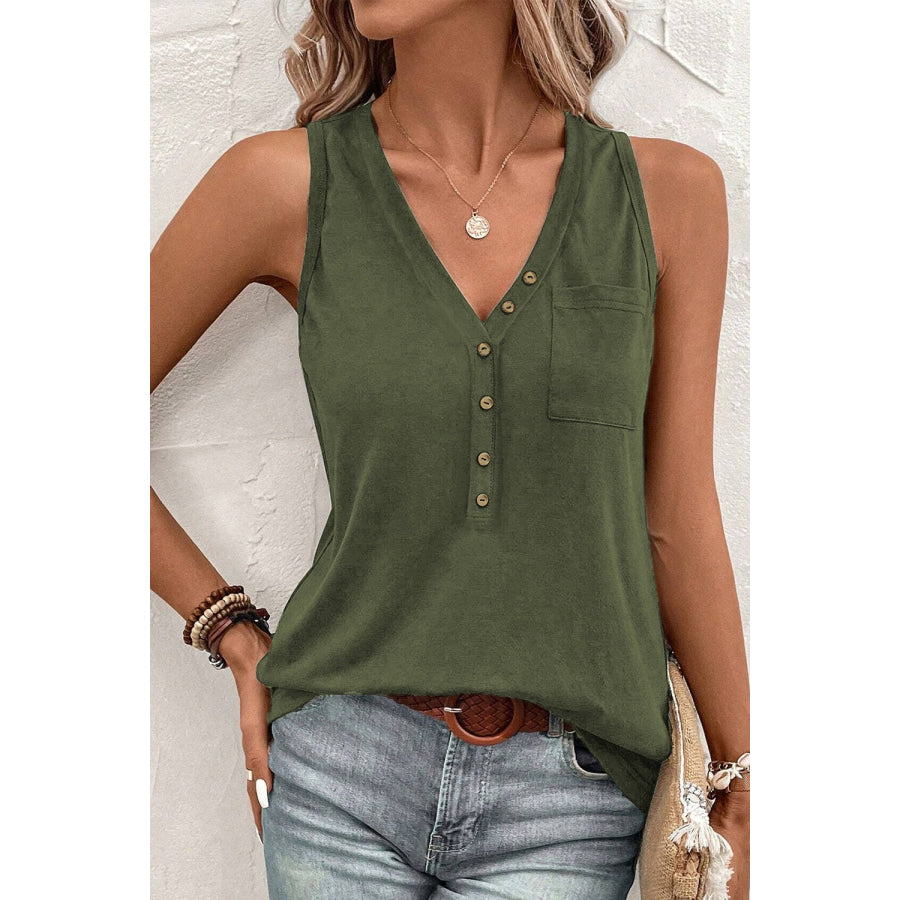 Pocketed V - Neck Wide Strap Tank Army Green / S Apparel and Accessories