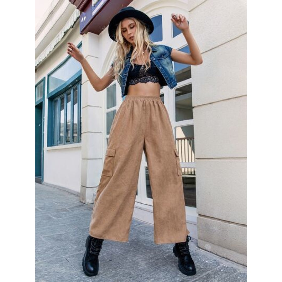 Pocketed Wide Leg Elastic Waist Pants Camel / S Clothing