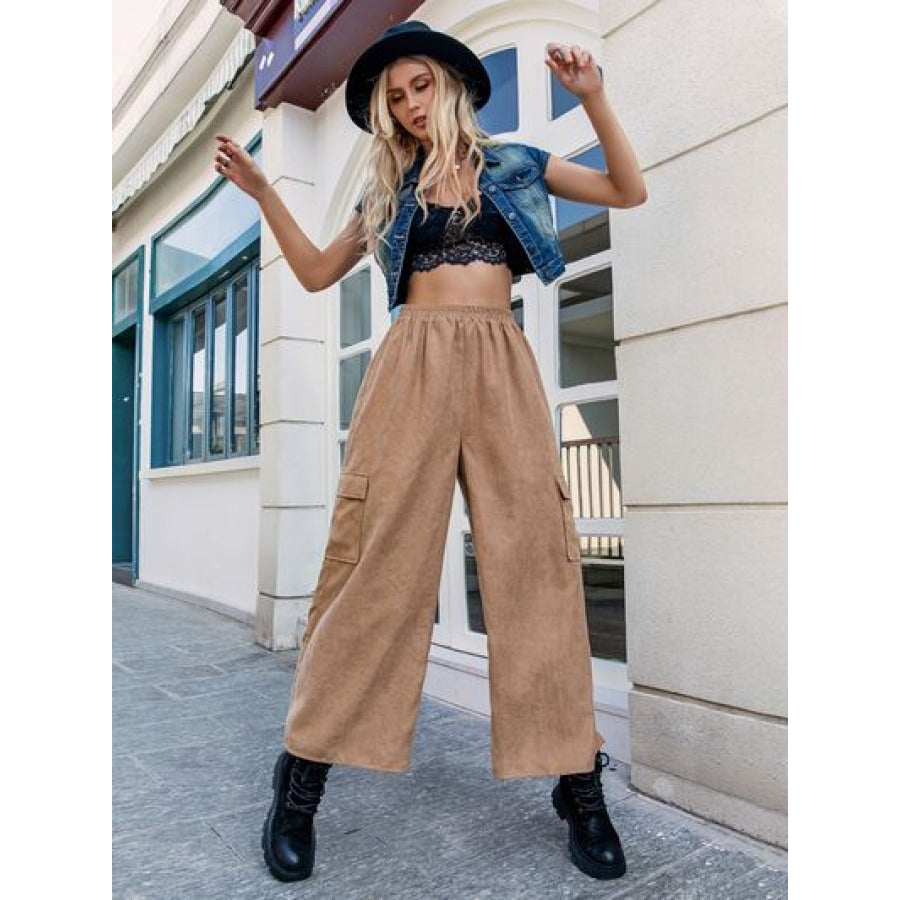 Pocketed Wide Leg Elastic Waist Pants Camel / S Clothing