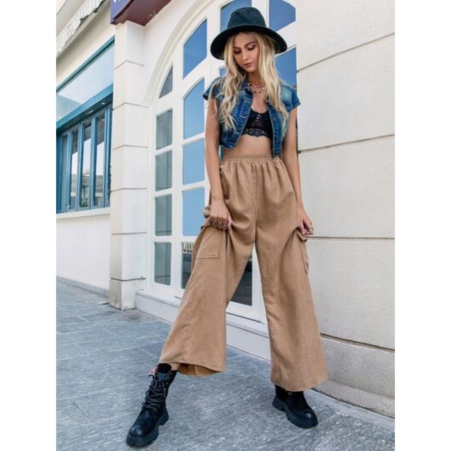 Pocketed Wide Leg Elastic Waist Pants Clothing